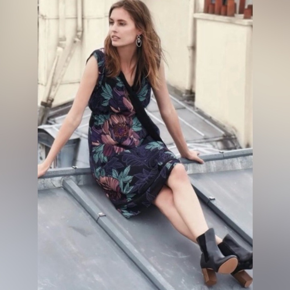 MAEVE Anthropologie Bretin Floral Bow Tie Black Sleeveless Midi Dress